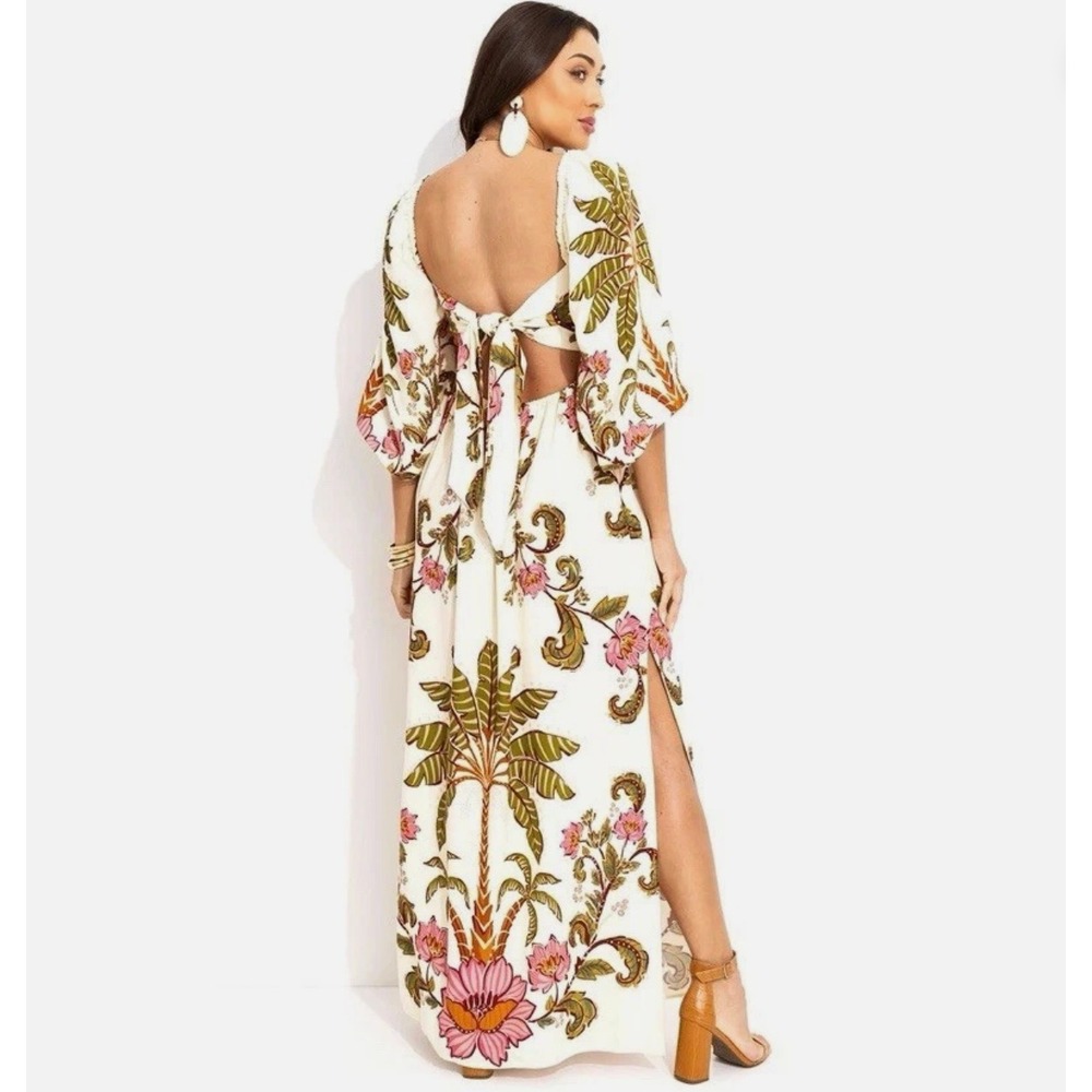 Farm Rio Tropical Floral Palm Tree Puff Sleeve Maxi Dress Cream Pink Green Small - Picture 10 of 16